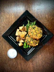 Vegan Quinoa Cake with Grilled Asparagus and Roasted Potatoes | SoCo Vedge - Vegan Food Delivery Service | Narragansett, Rhode Island